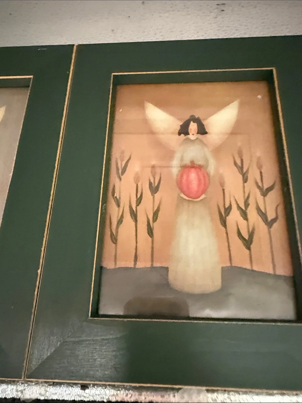 Vintage Set of 3 Angel Wall Art Prints in Green Frames